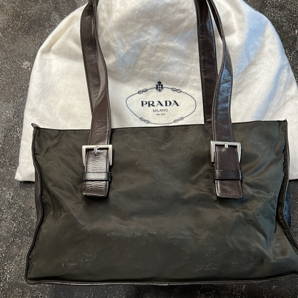 Prada chocolate brown micro fiber & leather bag with dust bag
